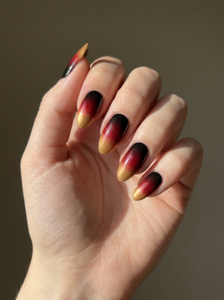Schwarz-Rot-Gold Ombré Nails